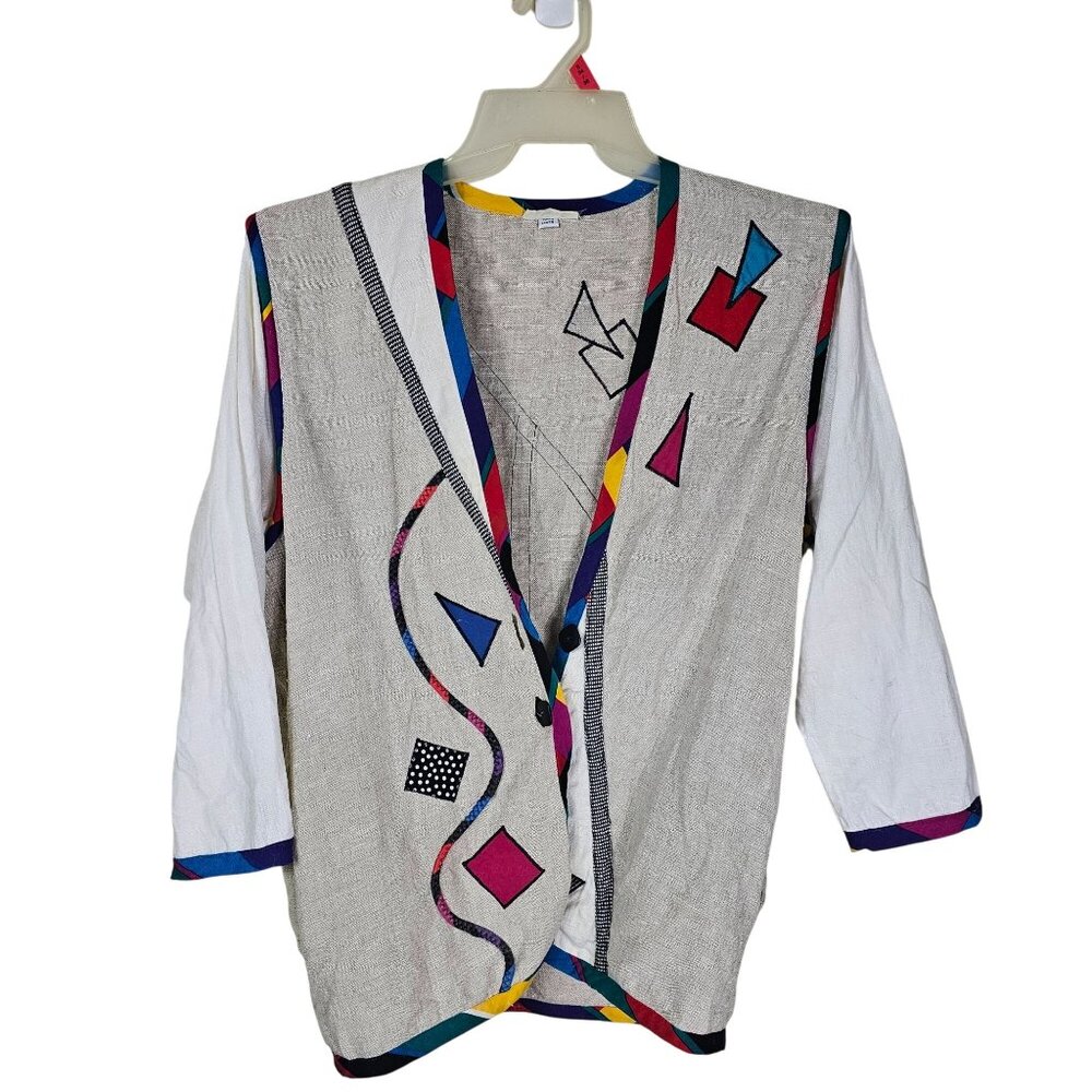 Vintage Lynn Murray‎ Linen Jacket L Geometric Embellished Artsy Teacher Coastal